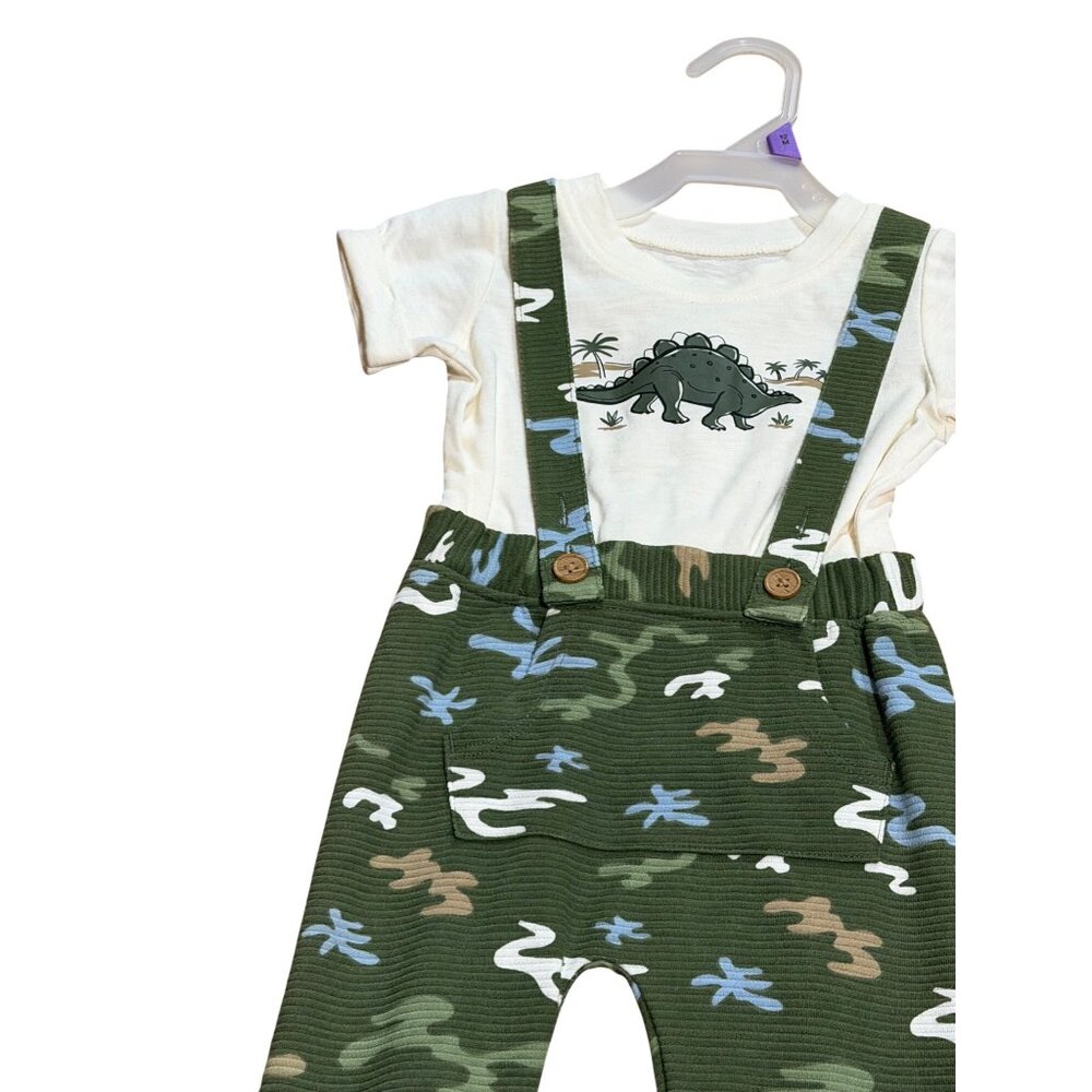 NWT Wonder Nation Baby Boys 12M 2-Piece Outfit Set Dinosaur Shirt & Suspenders - Picture 2 of 5